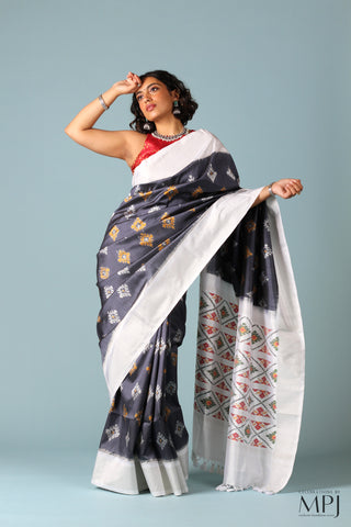 Grey Handloom Silk Single Ikkat Pochampally Saree