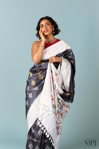 Grey Handloom Silk Single Ikkat Pochampally Saree