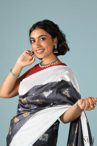 Grey Handloom Silk Single Ikkat Pochampally Saree