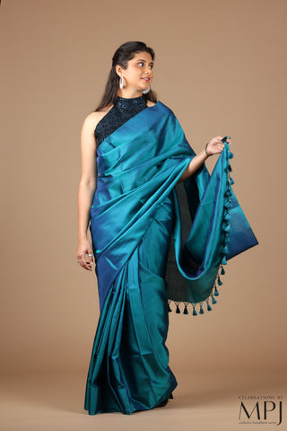 Peacock Blue Plain Handloom silk Kanjivaram Saree with Stitched blouse