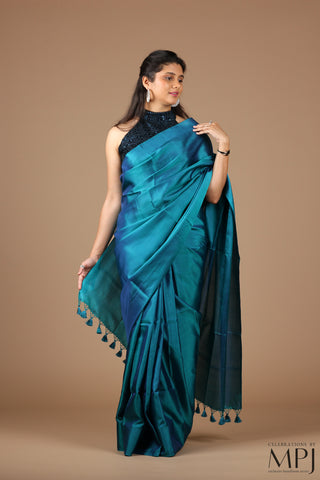 Peacock Blue Plain Handloom silk Kanjivaram Saree with Stitched blouse