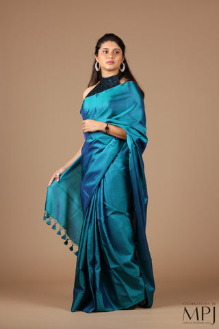 Peacock Blue Plain Handloom silk Kanjivaram Saree with Stitched blouse