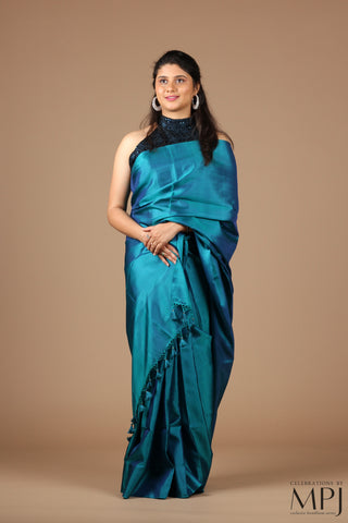 Peacock Blue Plain Handloom silk Kanjivaram Saree with Stitched blouse