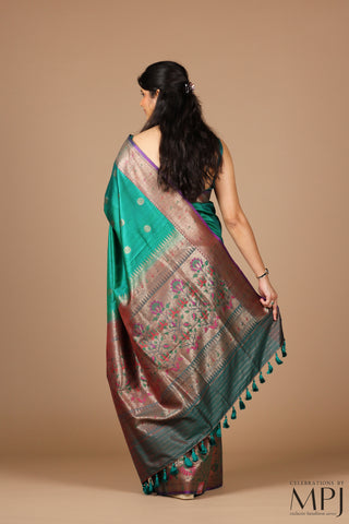 Peacock Green Paithani-Inspired Handloom Raw Dupion Silk Banarsi Saree