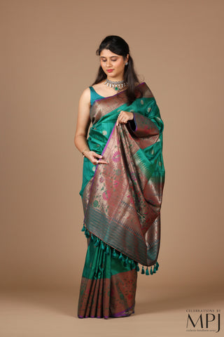 Peacock Green Paithani-Inspired Handloom Raw Dupion Silk Banarsi Saree