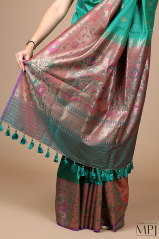 Peacock Green Paithani-Inspired Handloom Raw Dupion Silk Banarsi Saree