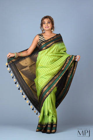 Lime Green Striped Handloom Silk Designer Gadwal Saree