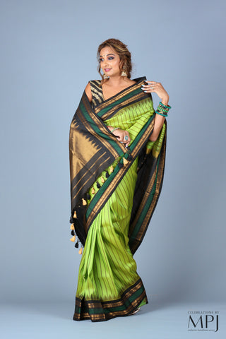 Lime Green Striped Handloom Silk Designer Gadwal Saree