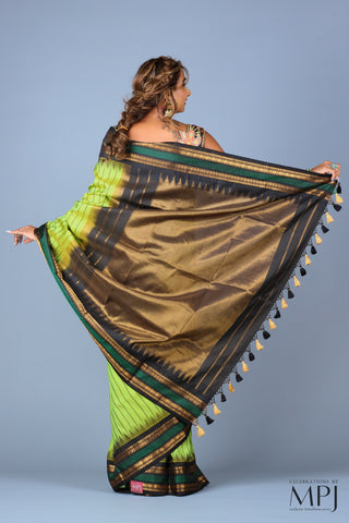 Lime Green Striped Handloom Silk Designer Gadwal Saree