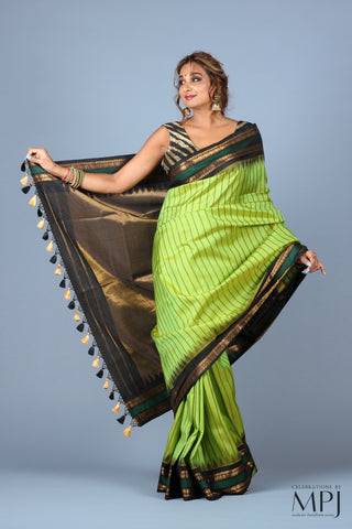 Lime Green Striped Handloom Silk Designer Gadwal Saree