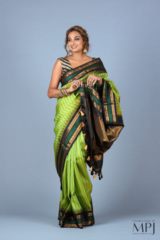 Lime Green Striped Handloom Silk Designer Gadwal Saree