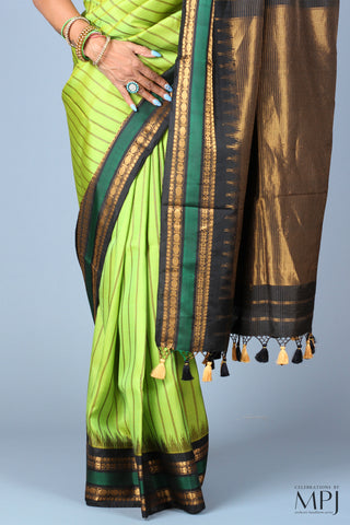 Lime Green Striped Handloom Silk Designer Gadwal Saree