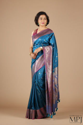 Peacock Blue Handloom Raw Dupion Silk Banarsi Saree with Stitched Blouse