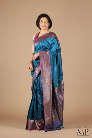 Peacock Blue Handloom Raw Dupion Silk Banarsi Saree with Stitched Blouse