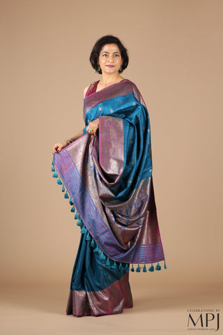 Peacock Blue Handloom Raw Dupion Silk Banarsi Saree with Stitched Blouse