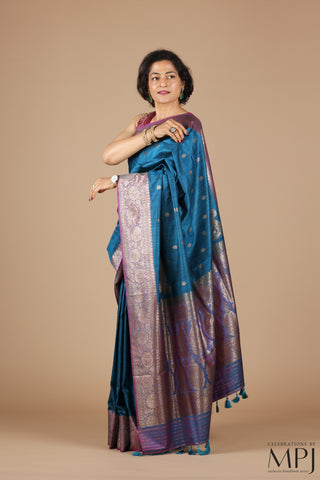 Peacock Blue Handloom Raw Dupion Silk Banarsi Saree with Stitched Blouse