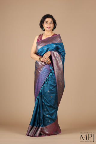 Peacock Blue Handloom Raw Dupion Silk Banarsi Saree with Stitched Blouse