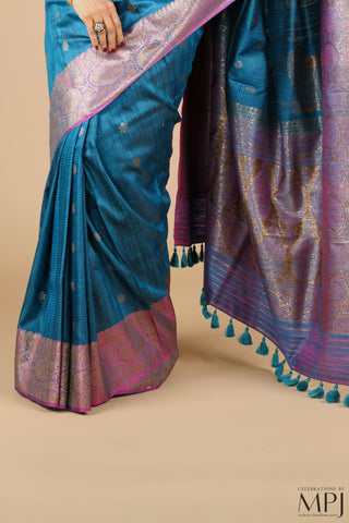 Peacock Blue Handloom Raw Dupion Silk Banarsi Saree with Stitched Blouse