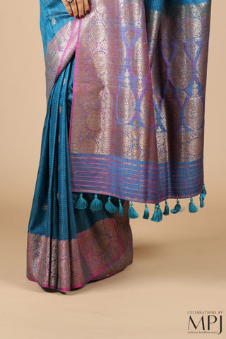 Peacock Blue Handloom Raw Dupion Silk Banarsi Saree with Stitched Blouse