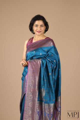 Peacock Blue Handloom Raw Dupion Silk Banarsi Saree with Stitched Blouse