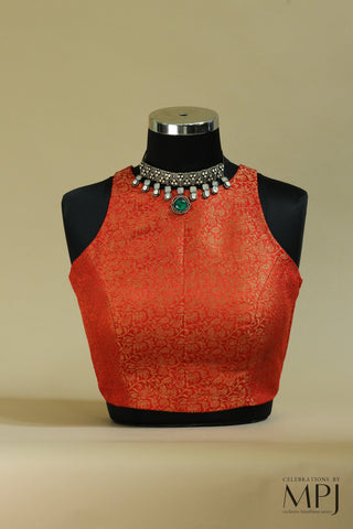 Vermillion Red Satin Brocade Incut Blouse