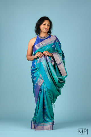 Peacock Blue Brocade Kanjivaram Soft Silk