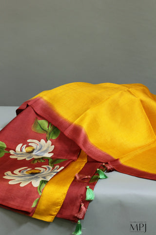 Burgundy Hand Painted Handloom Pure Silk Saree