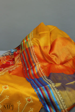 Yellow Orange Kantha Stitch Handloom Silk Saree