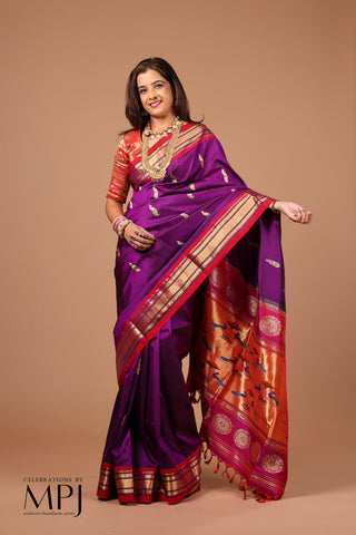 Dark-Deep Magenta Handloom Pure Silk - Maharani Yeola Paithani Saree with Stitched Blouse