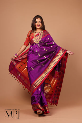 Dark-Deep Magenta Handloom Pure Silk - Maharani Yeola Paithani Saree with Stitched Blouse