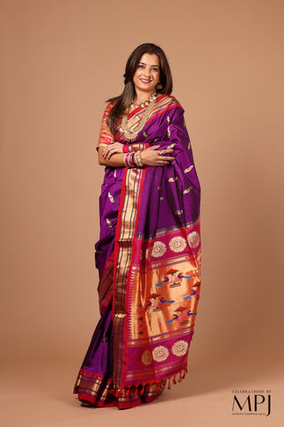 Dark-Deep Magenta Handloom Pure Silk - Maharani Yeola Paithani Saree with Stitched Blouse