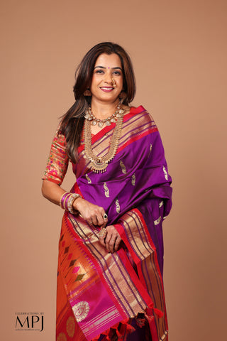Dark-Deep Magenta Handloom Pure Silk - Maharani Yeola Paithani Saree with Stitched Blouse