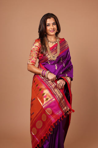 Dark-Deep Magenta Handloom Pure Silk - Maharani Yeola Paithani Saree with Stitched Blouse