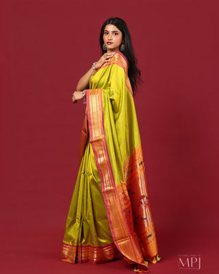 Light Parrot Green-Yellow  Handloom Pure Silk Yeola Paithani Saree