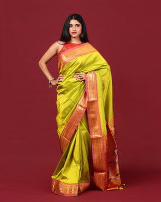 Light Parrot Green-Yellow  Handloom Pure Silk Yeola Paithani Saree