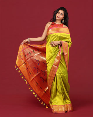 Light Parrot Green-Yellow  Handloom Pure Silk Yeola Paithani Saree