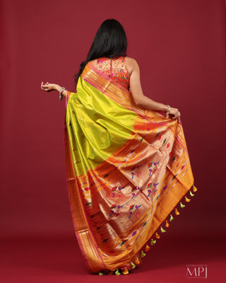 Light Parrot Green-Yellow  Handloom Pure Silk Yeola Paithani Saree