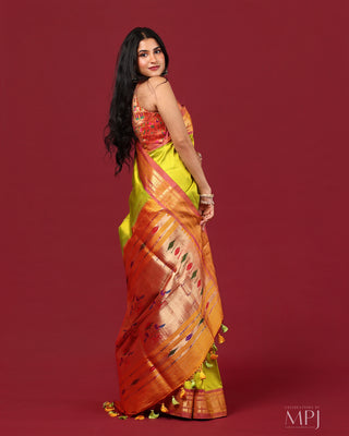 Light Parrot Green-Yellow  Handloom Pure Silk Yeola Paithani Saree