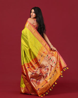 Light Parrot Green-Yellow  Handloom Pure Silk Yeola Paithani Saree
