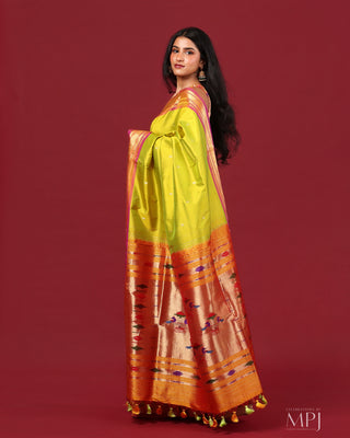 Light Parrot Green-Yellow  Handloom Pure Silk Yeola Paithani Saree