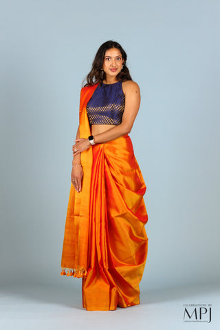 Saffron Yellow Plain Kanjivaram Soft Silk Saree with Stitched Blouse