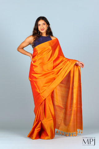 Saffron Yellow Plain Kanjivaram Soft Silk Saree with Stitched Blouse