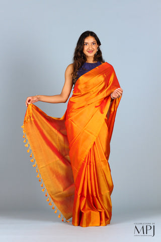 Saffron Yellow Plain Kanjivaram Soft Silk Saree with Stitched Blouse