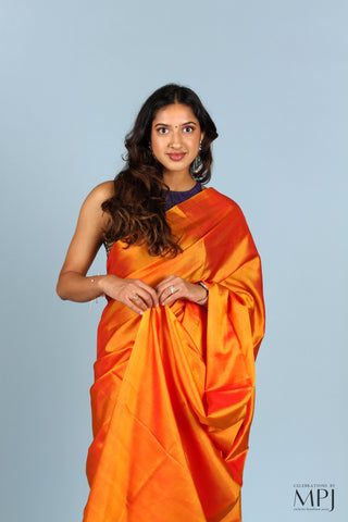 Saffron Yellow Plain Kanjivaram Soft Silk Saree with Stitched Blouse