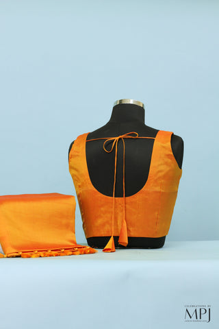 Saffron Yellow Plain Kanjivaram Soft Silk Saree with Stitched Blouse