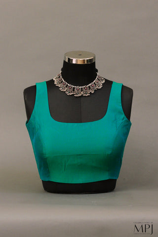 Teal Blue Plain Sleeveless Silk Blouse