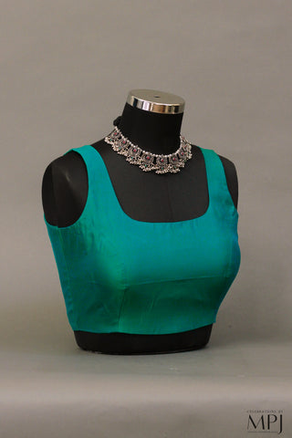 Teal Blue Plain Sleeveless Silk Blouse