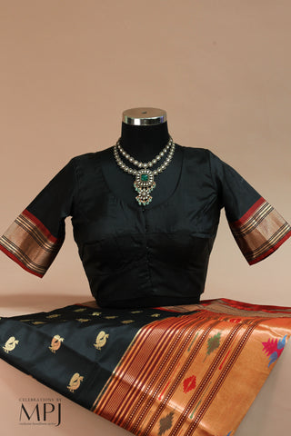 Black Handloom Pure Silk Yeola Paithani Saree with Stitched Blouse