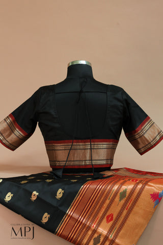 Black Handloom Pure Silk Yeola Paithani Saree with Stitched Blouse