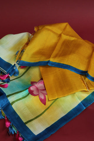 Off-White Hand Painted Handloom Pure Silk Saree